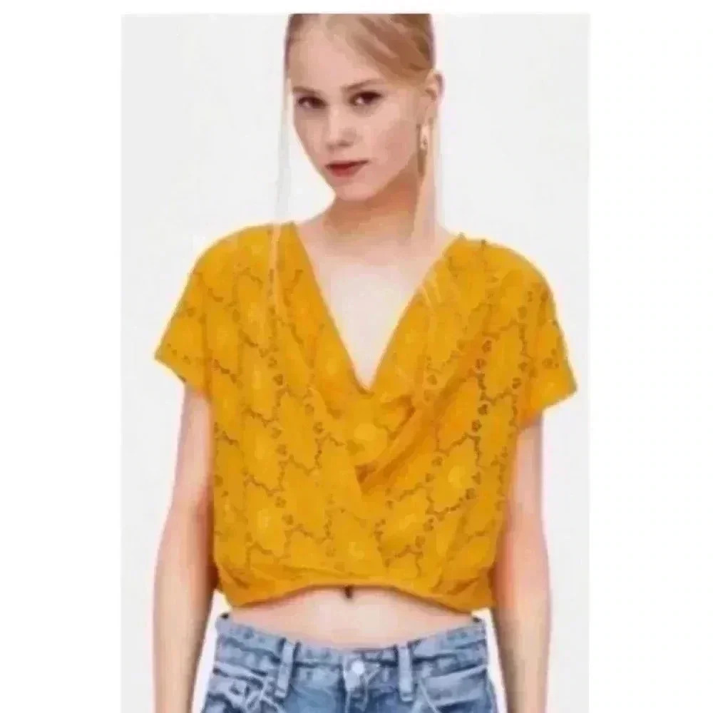 Zara Trafaluc Marigold Eyelet Crop Blouse, Small